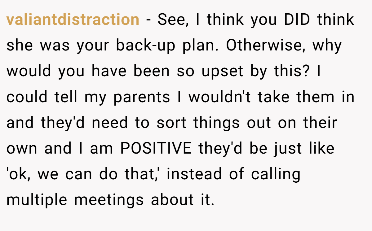 valiantdistraction − See, I think you DID think she was your back-up plan. Otherwise, why would you have been so upset by this? I could tell my parents I wouldn't take them in and they'd need to sort things out on their own and I am POSITIVE they'd be just like 'ok, we can do that,' instead of calling multiple meetings about it.