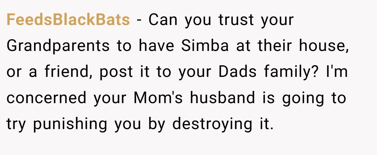 FeedsBlackBats − Can you trust your Grandparents to have Simba at their house, or a friend, post it to your Dads family? I'm concerned your Mom's husband is going to try punishing you by destroying it.