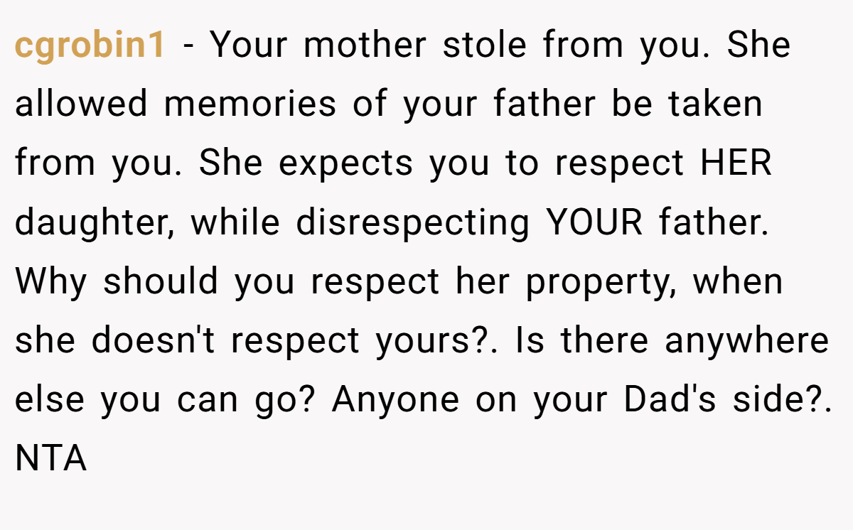 cgrobin1 − Your mother stole from you. She allowed memories of your father be taken from you. She expects you to respect HER daughter, while disrespecting YOUR father. Why should you respect her property, when she doesn't respect yours?. Is there anywhere else you can go? Anyone on your Dad's side?. NTA