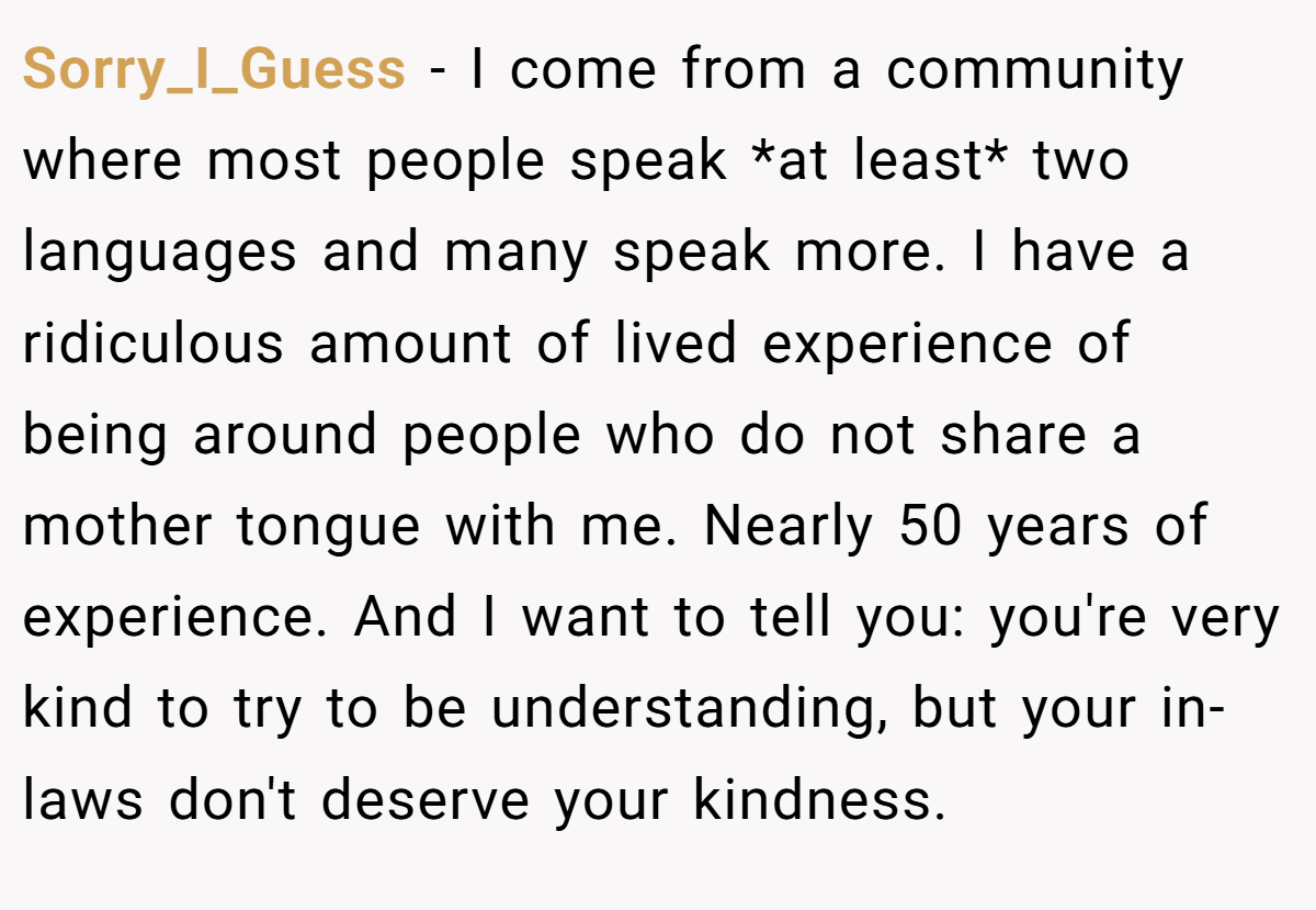 Sorry_I_Guess − I come from a community where most people speak *at least* two languages and many speak more. I have a ridiculous amount of lived experience of being around people who do not share a mother tongue with me. Nearly 50 years of experience. And I want to tell you: you're very kind to try to be understanding, but your in-laws don't deserve your kindness.