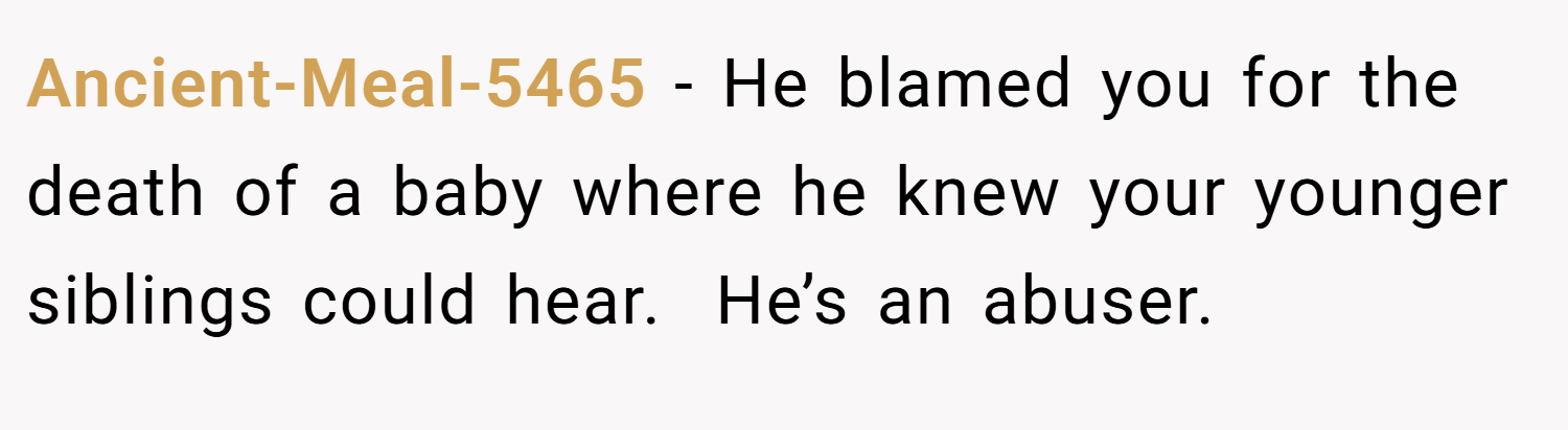 Ancient-Meal-5465 − He blamed you for the death of a baby where he knew your younger siblings could hear.  He’s an abuser. 