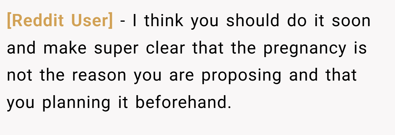 [Reddit User] − I think you should do it soon and make super clear that the pregnancy is not the reason you are proposing and that you planning it beforehand.