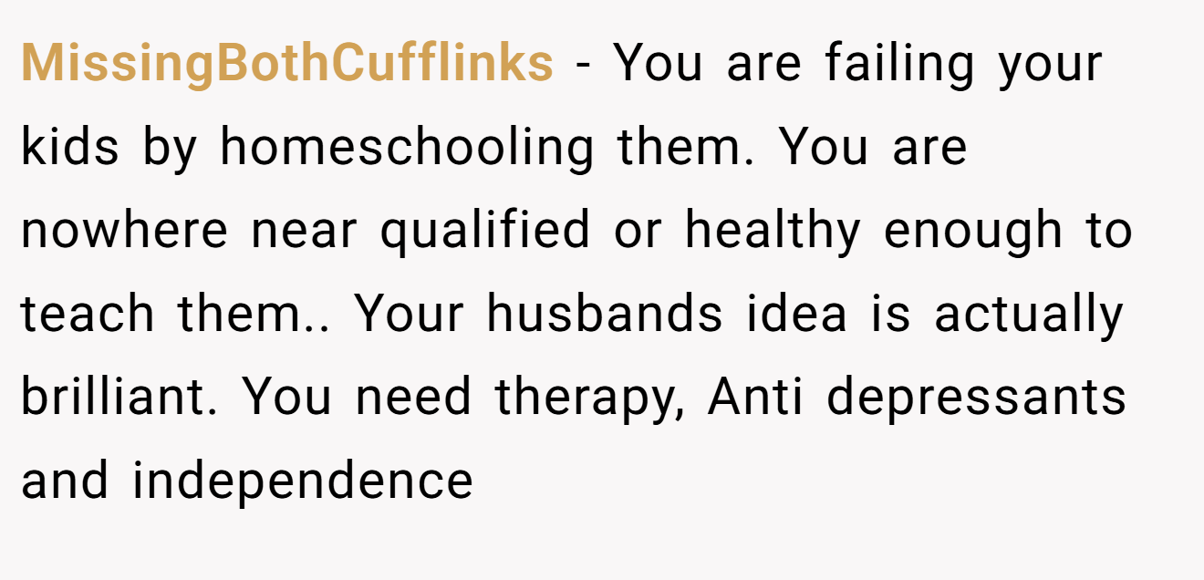 MissingBothCufflinks − You are failing your kids by homeschooling them. You are nowhere near qualified or healthy enough to teach them.. Your husbands idea is actually brilliant. You need therapy, Anti depressants and independence