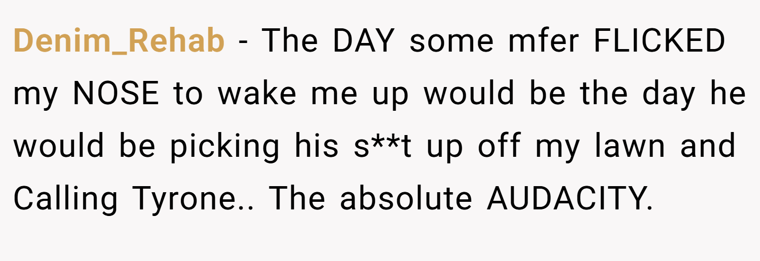 Denim_Rehab − The DAY some mfer FLICKED my NOSE to wake me up would be the day he would be picking his s**t up off my lawn and Calling Tyrone.. The absolute AUDACITY.