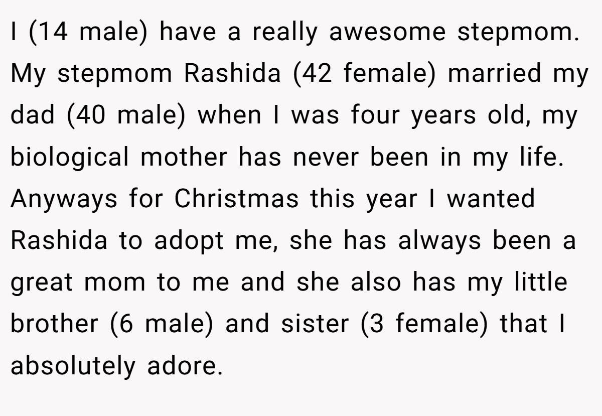 I (14 male) have a really awesome stepmom. My stepmom Rashida (42 female) married my dad (40 male) when I was four years old, my biological mother has never been in my life. Anyways for Christmas this year I wanted Rashida to adopt me, she has always been a great mom to me and she also has my little brother (6 male) and sister (3 female) that I absolutely adore.