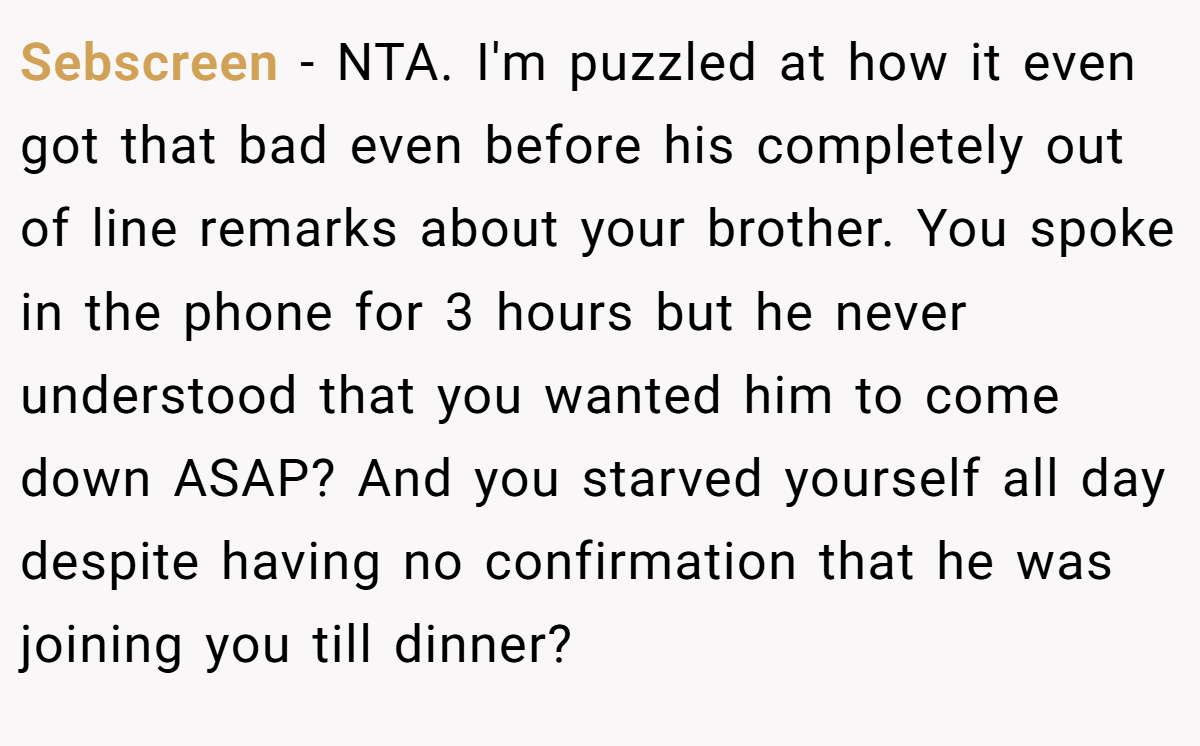 Sebscreen − NTA. I'm puzzled at how it even got that bad even before his completely out of line remarks about your brother. You spoke in the phone for 3 hours but he never understood that you wanted him to come down ASAP? And you starved yourself all day despite having no confirmation that he was joining you till dinner?