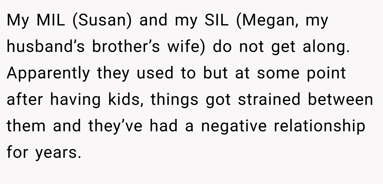 My MIL (Susan) and my SIL (Megan, my husband’s brother’s wife) do not get along. Apparently they used to but at some point after having kids, things got strained between them and they’ve had a negative relationship for years.