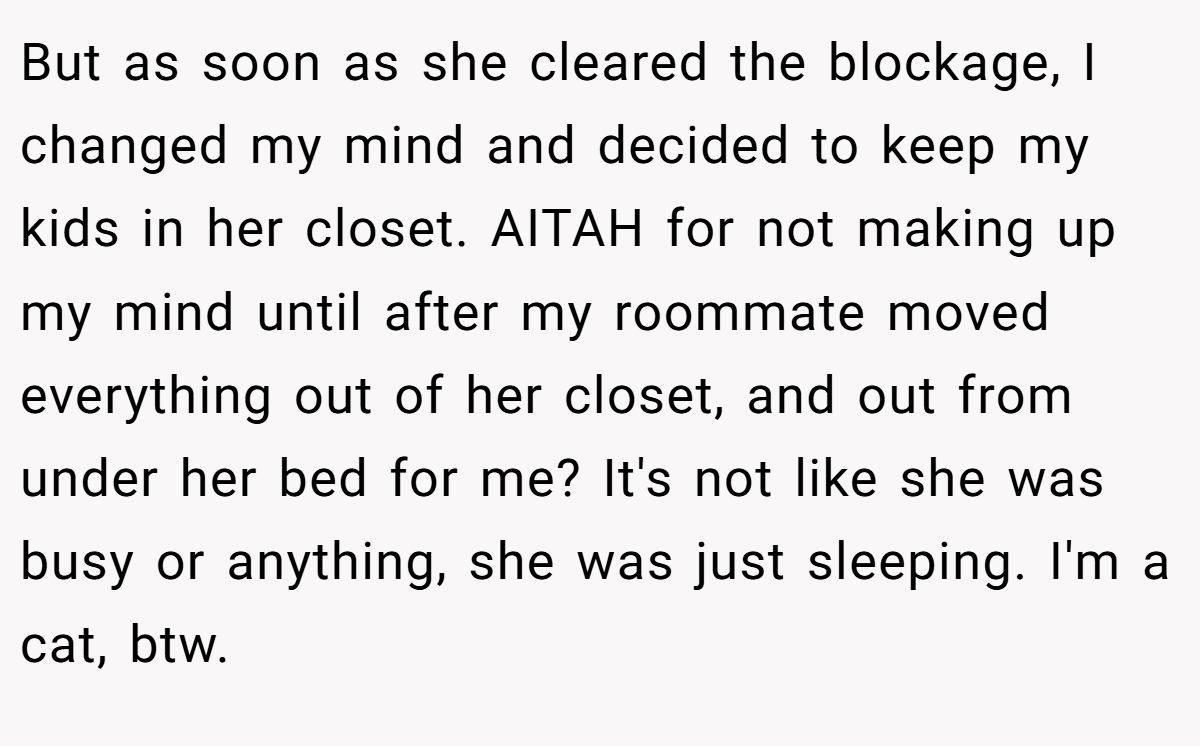But as soon as she cleared the blockage, I changed my mind and decided to keep my kids in her closet. AITAH for not making up my mind until after my roommate moved everything out of her closet, and out from under her bed for me? It's not like she was busy or anything, she was just sleeping. I'm a cat, btw.