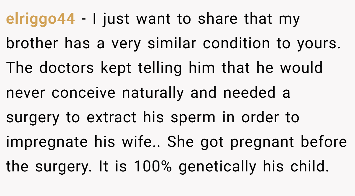 elriggo44 − I just want to share that my brother has a very similar condition to yours. The doctors kept telling him that he would never conceive naturally and needed a surgery to extract his sperm in order to impregnate his wife.. She got pregnant before the surgery. It is 100% genetically his child.