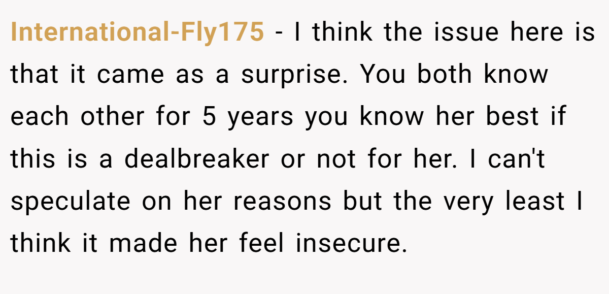 International-Fly175 − I think the issue here is that it came as a surprise. You both know each other for 5 years you know her best if this is a dealbreaker or not for her. I can't speculate on her reasons but the very least I think it made her feel insecure.