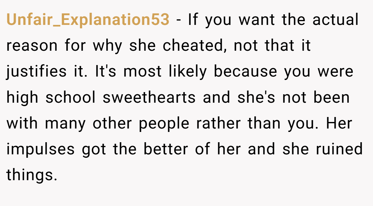 Unfair_Explanation53 − If you want the actual reason for why she cheated, not that it justifies it. It's most likely because you were high school sweethearts and she's not been with many other people rather than you. Her impulses got the better of her and she ruined things.