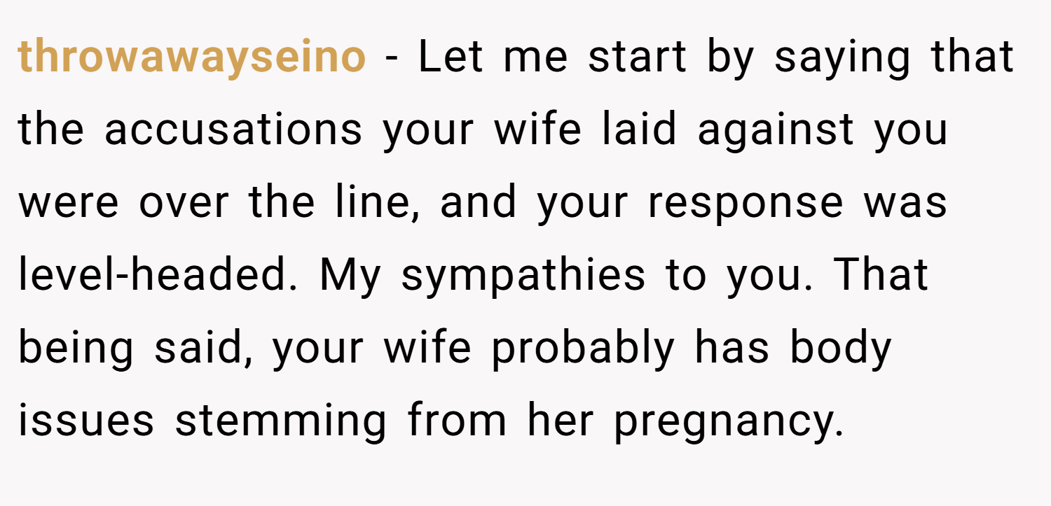 throwawayseino − Let me start by saying that the accusations your wife laid against you were over the line, and your response was level-headed. My sympathies to you. That being said, your wife probably has body issues stemming from her pregnancy.