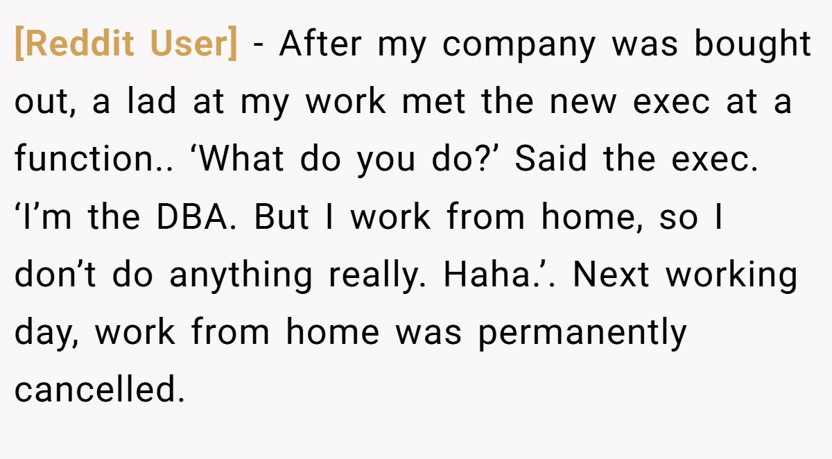 [Reddit User] − After my company was bought out, a lad at my work met the new exec at a function.. ‘What do you do?’ Said the exec. ‘I’m the DBA. But I work from home, so I don’t do anything really. Haha.’. Next working day, work from home was permanently cancelled.