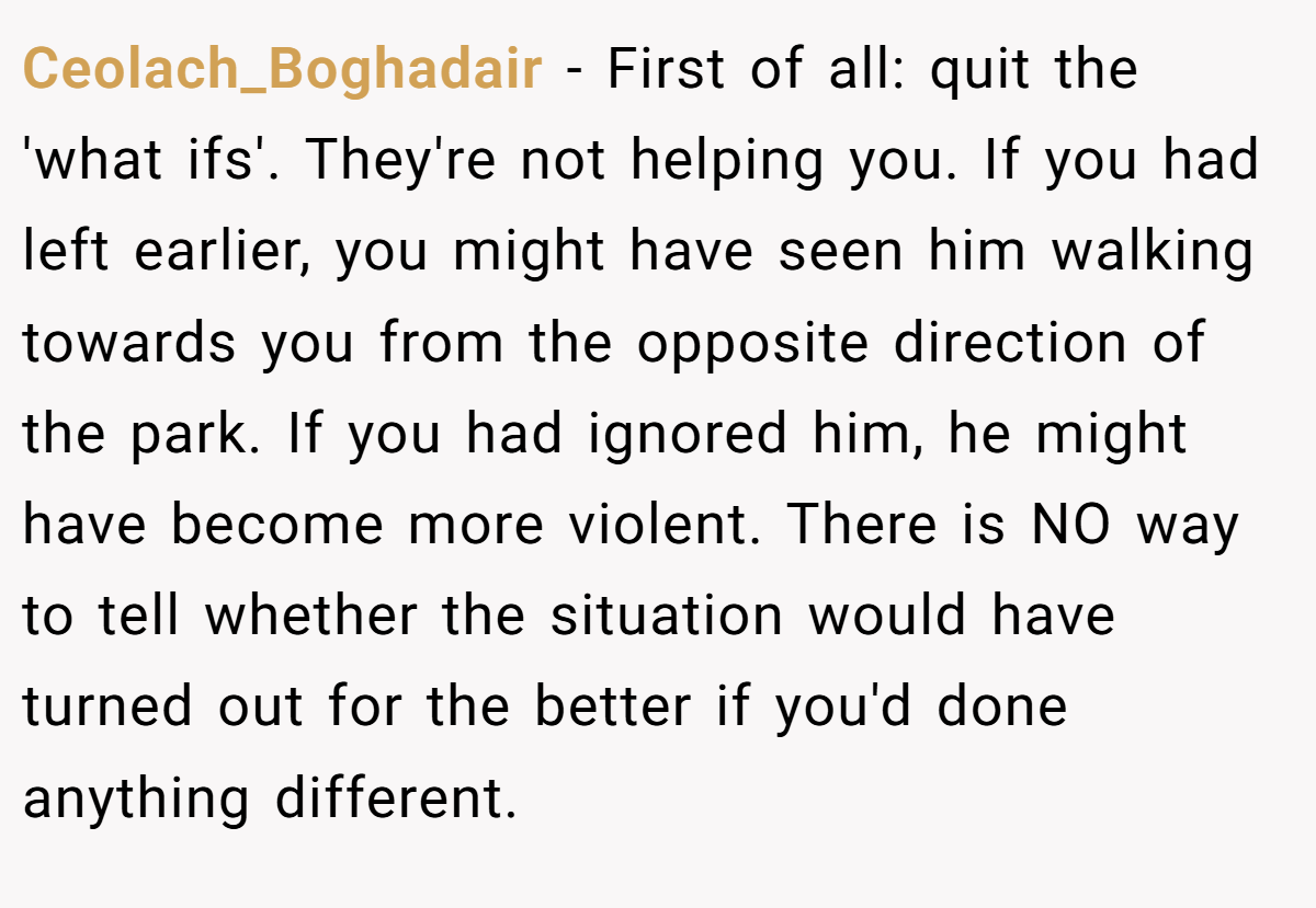 Ceolach_Boghadair − First of all: quit the 'what ifs'. They're not helping you. If you had left earlier, you might have seen him walking towards you from the opposite direction of the park. If you had ignored him, he might have become more violent. There is NO way to tell whether the situation would have turned out for the better if you'd done anything different.