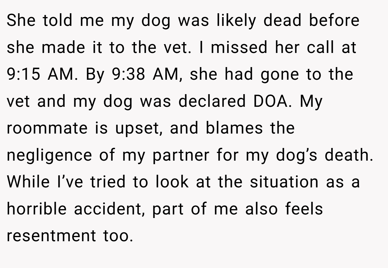 She told me my dog was likely dead before she made it to the vet. I missed her call at 9:15 AM. By 9:38 AM, she had gone to the vet and my dog was declared DOA. My roommate is upset, and blames the negligence of my partner for my dog’s death. While I’ve tried to look at the situation as a horrible accident, part of me also feels resentment too.