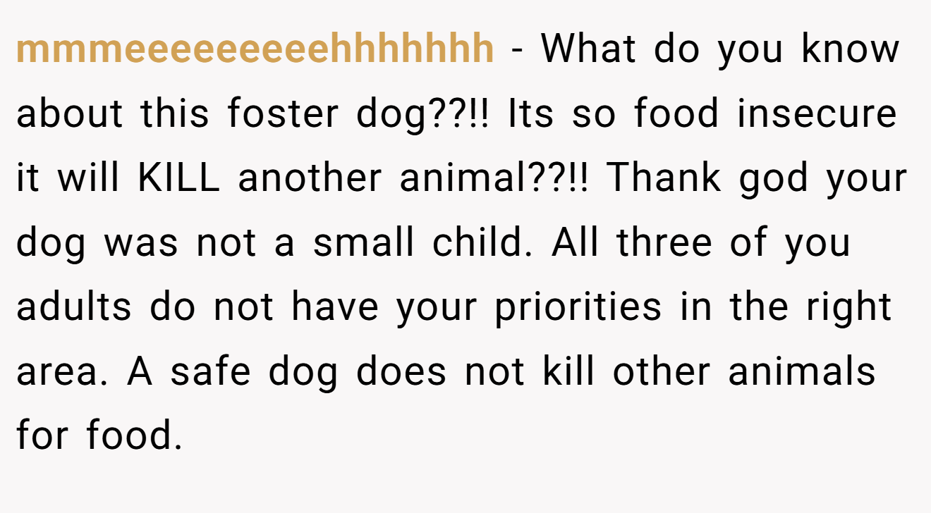mmmeeeeeeeeehhhhhhh − What do you know about this foster dog??!! Its so food insecure it will KILL another animal??!! Thank god your dog was not a small child. All three of you adults do not have your priorities in the right area. A safe dog does not kill other animals for food.