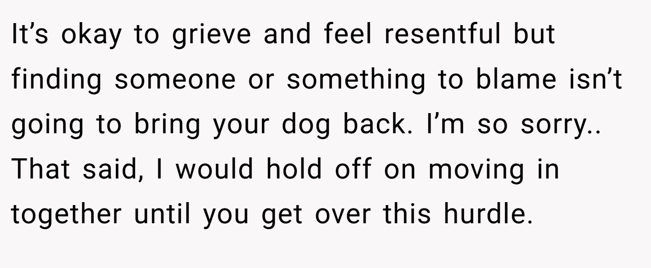 It’s okay to grieve and feel resentful but finding someone or something to blame isn’t going to bring your dog back. I’m so sorry.. That said, I would hold off on moving in together until you get over this hurdle.