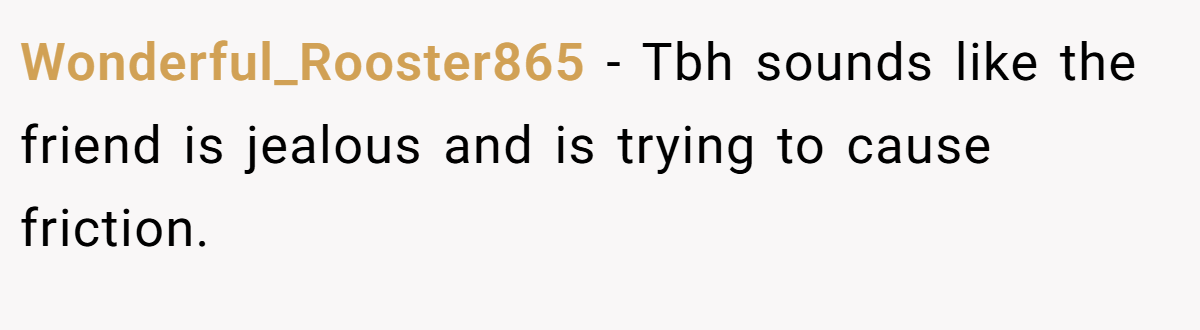 Wonderful_Rooster865 − Tbh sounds like the friend is jealous and is trying to cause friction.