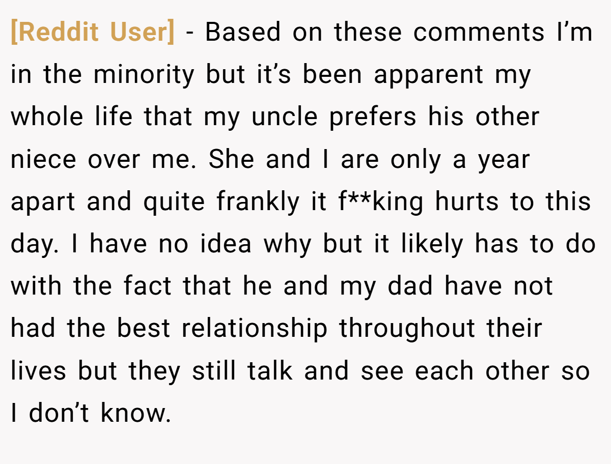 [Reddit User] − Based on these comments I’m in the minority but it’s been apparent my whole life that my uncle prefers his other niece over me. She and I are only a year apart and quite frankly it f**king hurts to this day. I have no idea why but it likely has to do with the fact that he and my dad have not had the best relationship throughout their lives but they still talk and see each other so I don’t know.
