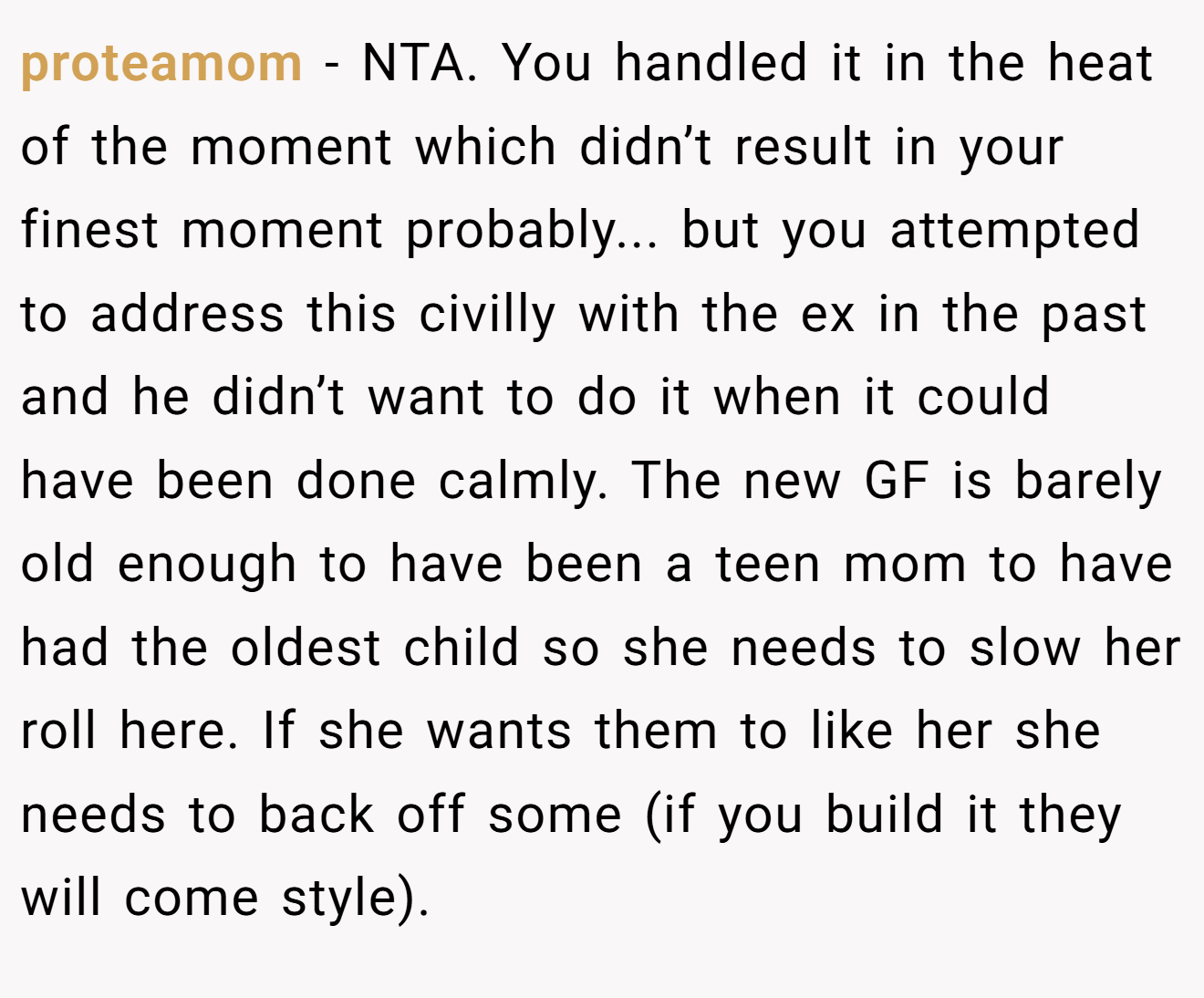 proteamom − NTA. You handled it in the heat of the moment which didn’t result in your finest moment probably... but you attempted to address this civilly with the ex in the past and he didn’t want to do it when it could have been done calmly. The new GF is barely old enough to have been a teen mom to have had the oldest child so she needs to slow her roll here. If she wants them to like her she needs to back off some (if you build it they will come style).