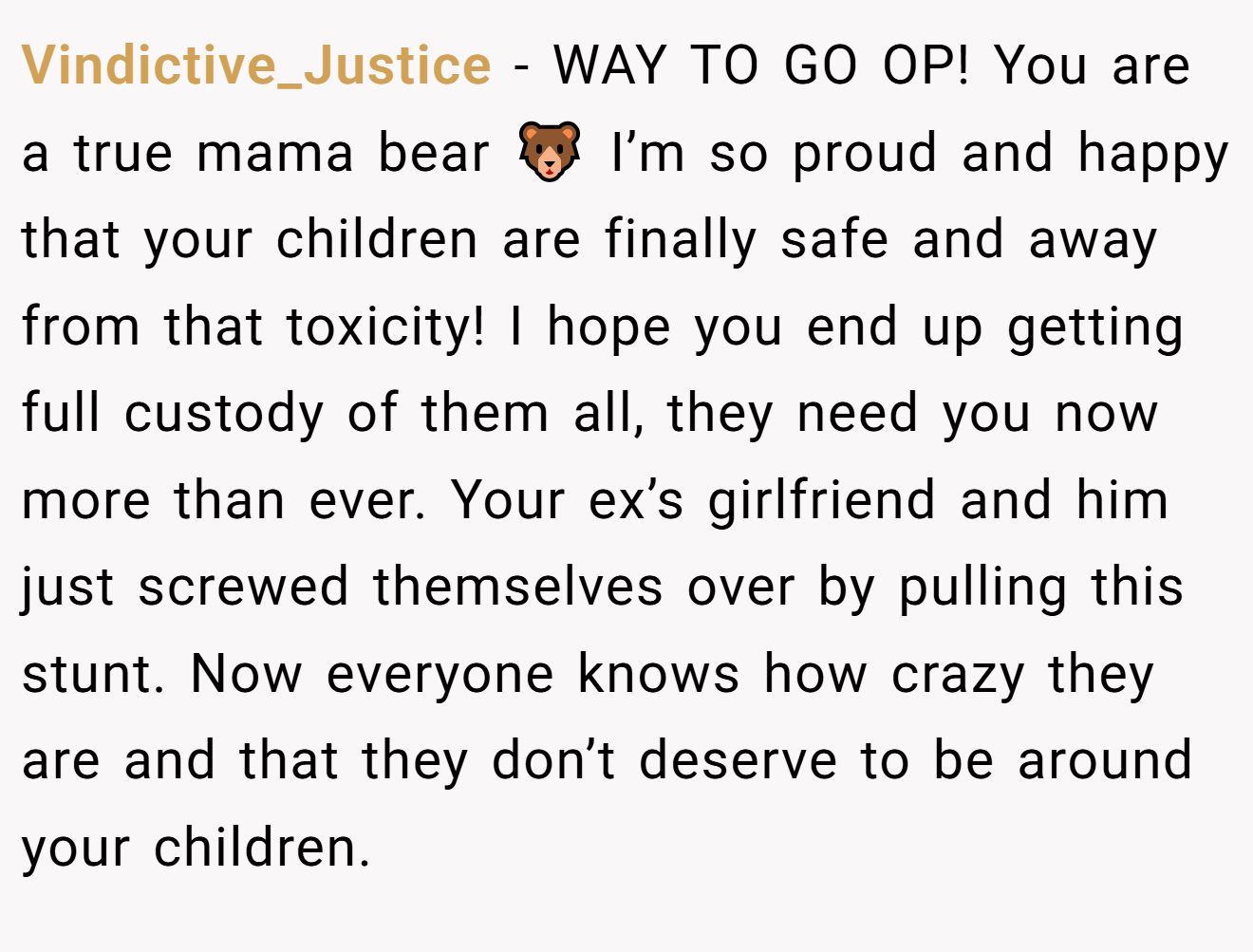 Vindictive_Justice − WAY TO GO OP! You are a true mama bear 🐻 I’m so proud and happy that your children are finally safe and away from that toxicity! I hope you end up getting full custody of them all, they need you now more than ever. Your ex’s girlfriend and him just screwed themselves over by pulling this stunt. Now everyone knows how crazy they are and that they don’t deserve to be around your children.