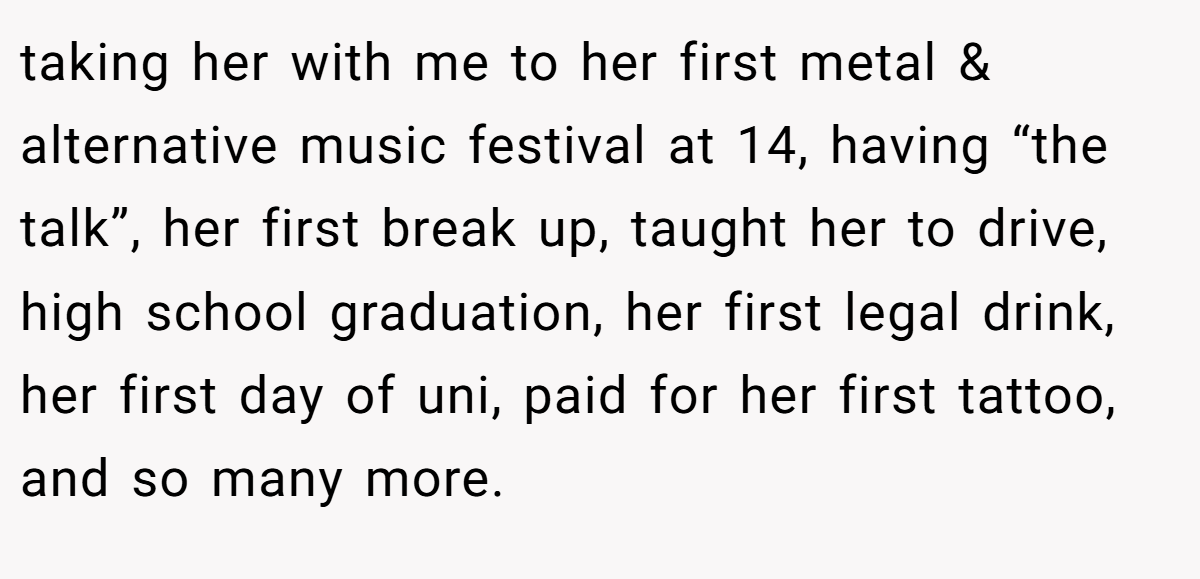 taking her with me to her first metal & alternative music festival at 14, having “the talk”, her first break up, taught her to drive, high school graduation, her first legal drink, her first day of uni, paid for her first tattoo, and so many more.