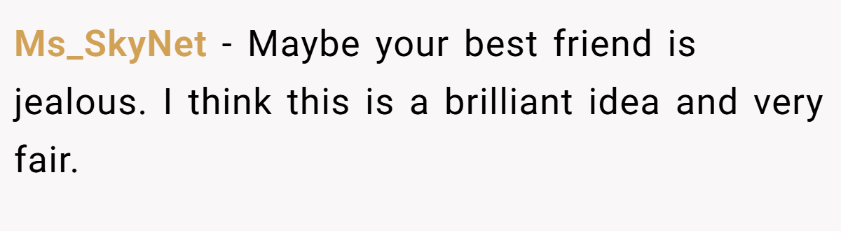 Ms_SkyNet − Maybe your best friend is jealous. I think this is a brilliant idea and very fair.