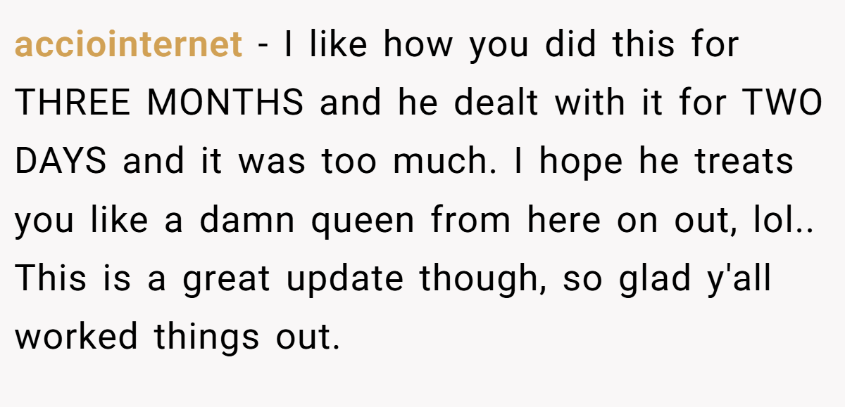 acciointernet − I like how you did this for THREE MONTHS and he dealt with it for TWO DAYS and it was too much. I hope he treats you like a damn queen from here on out, lol.. This is a great update though, so glad y'all worked things out.