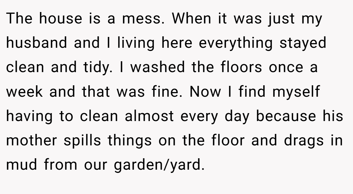 The house is a mess. When it was just my husband and I living here everything stayed clean and tidy. I washed the floors once a week and that was fine. Now I find myself having to clean almost every day because his mother spills things on the floor and drags in mud from our garden/yard.