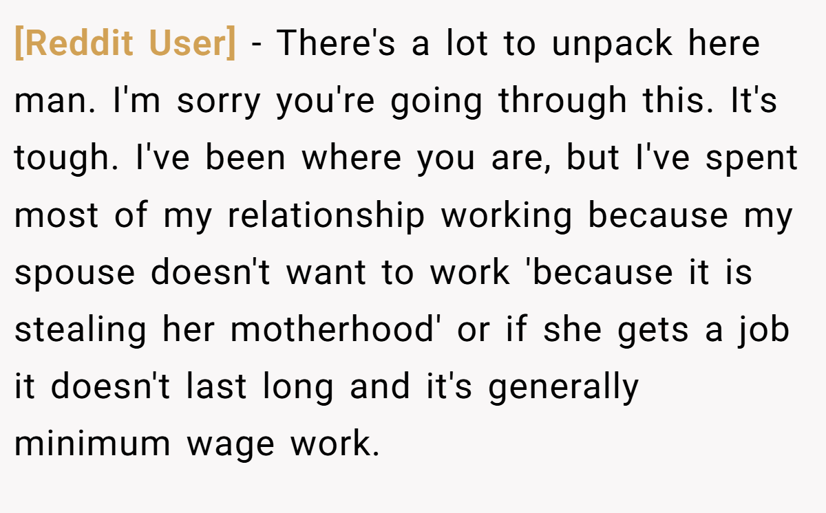 [Reddit User] − There's a lot to unpack here man. I'm sorry you're going through this. It's tough. I've been where you are, but I've spent most of my relationship working because my spouse doesn't want to work 'because it is stealing her motherhood' or if she gets a job it doesn't last long and it's generally minimum wage work.