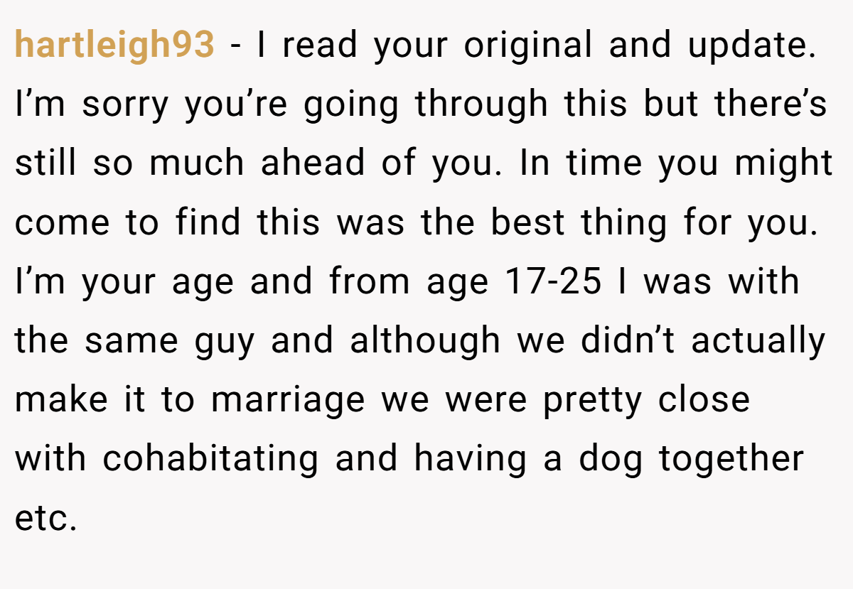 hartleigh93 − I read your original and update. I’m sorry you’re going through this but there’s still so much ahead of you. In time you might come to find this was the best thing for you. I’m your age and from age 17-25 I was with the same guy and although we didn’t actually make it to marriage we were pretty close with cohabitating and having a dog together etc.