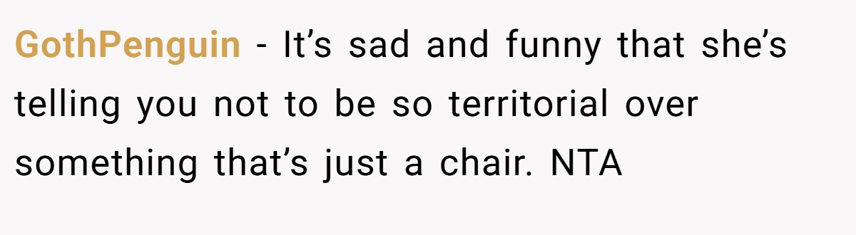 GothPenguin − It’s sad and funny that she’s telling you not to be so territorial over something that’s just a chair. NTA