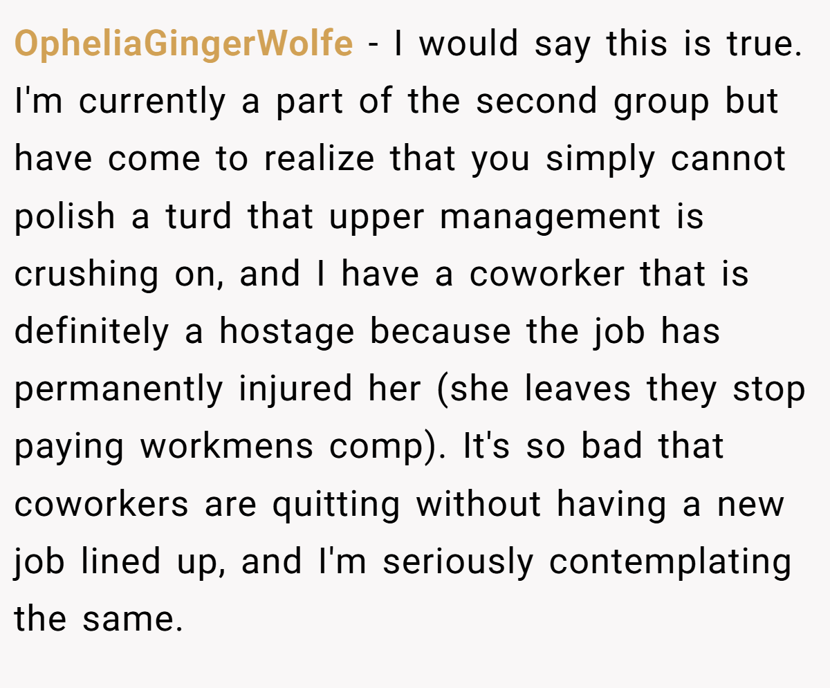 OpheliaGingerWolfe − I would say this is true. I'm currently a part of the second group but have come to realize that you simply cannot polish a turd that upper management is crushing on, and I have a coworker that is definitely a hostage because the job has permanently injured her (she leaves they stop paying workmens comp). It's so bad that coworkers are quitting without having a new job lined up, and I'm seriously contemplating the same.