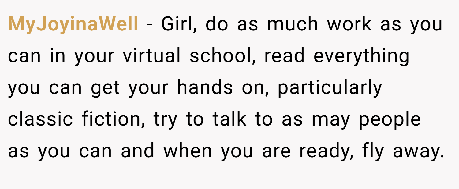 MyJoyinaWell − Girl, do as much work as you can in your virtual school, read everything you can get your hands on, particularly classic fiction, try to talk to as may people as you can and when you are ready, fly away.
