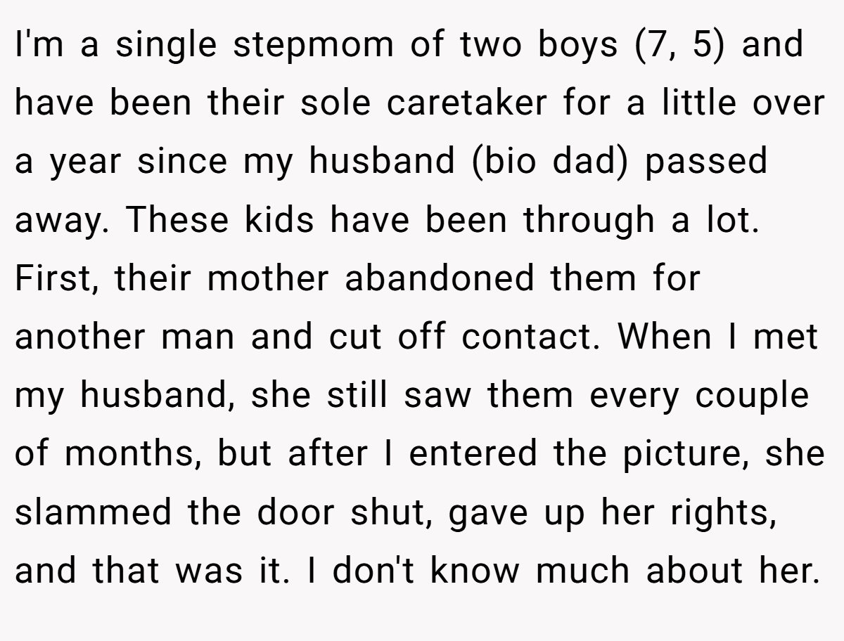 I'm a single stepmom of two boys (7, 5) and have been their sole caretaker for a little over a year since my husband (bio dad) passed away. These kids have been through a lot. First, their mother abandoned them for another man and cut off contact. When I met my husband, she still saw them every couple of months, but after I entered the picture, she slammed the door shut, gave up her rights, and that was it. I don't know much about her.