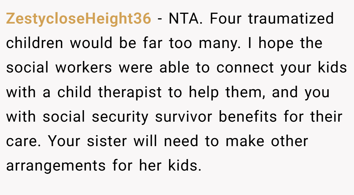 ZestycloseHeight36 − NTA. Four traumatized children would be far too many. I hope the social workers were able to connect your kids with a child therapist to help them, and you with social security survivor benefits for their care. Your sister will need to make other arrangements for her kids.