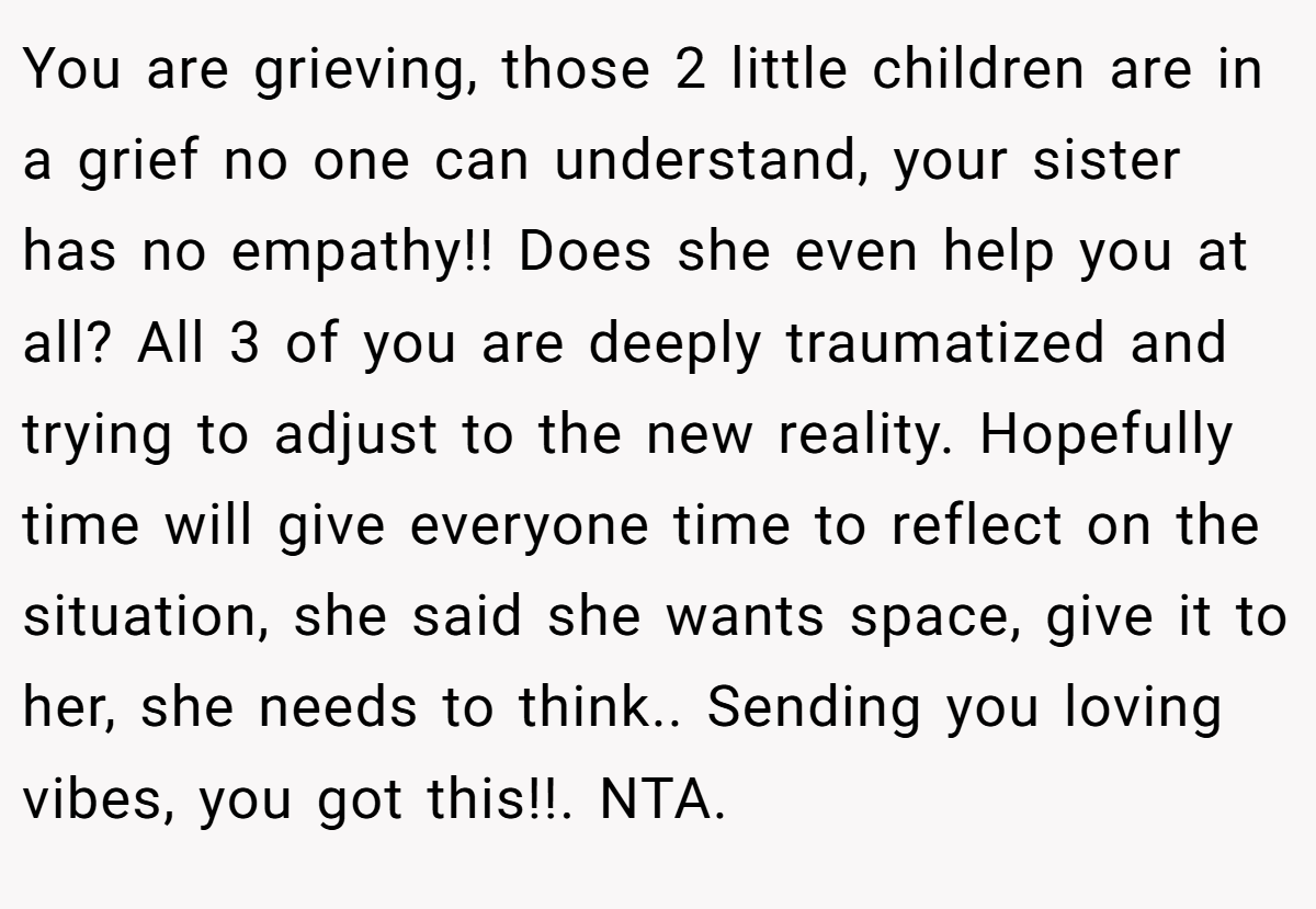 You are grieving, those 2 little children are in a grief no one can understand, your sister has no empathy!! Does she even help you at all? All 3 of you are deeply traumatized and trying to adjust to the new reality. Hopefully time will give everyone time to reflect on the situation, she said she wants space, give it to her, she needs to think.. Sending you loving vibes, you got this!!. NTA.