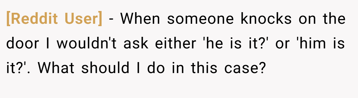 [Reddit User] − When someone knocks on the door I wouldn't ask either 'he is it?' or 'him is it?'. What should I do in this case?