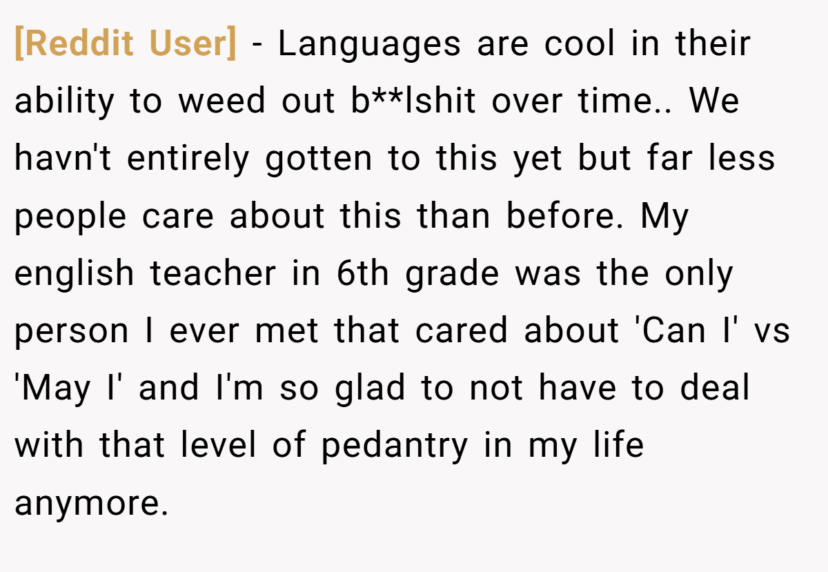 [Reddit User] − Languages are cool in their ability to weed out b**lshit over time.. We havn't entirely gotten to this yet but far less people care about this than before. My english teacher in 6th grade was the only person I ever met that cared about 'Can I' vs 'May I' and I'm so glad to not have to deal with that level of pedantry in my life anymore.
