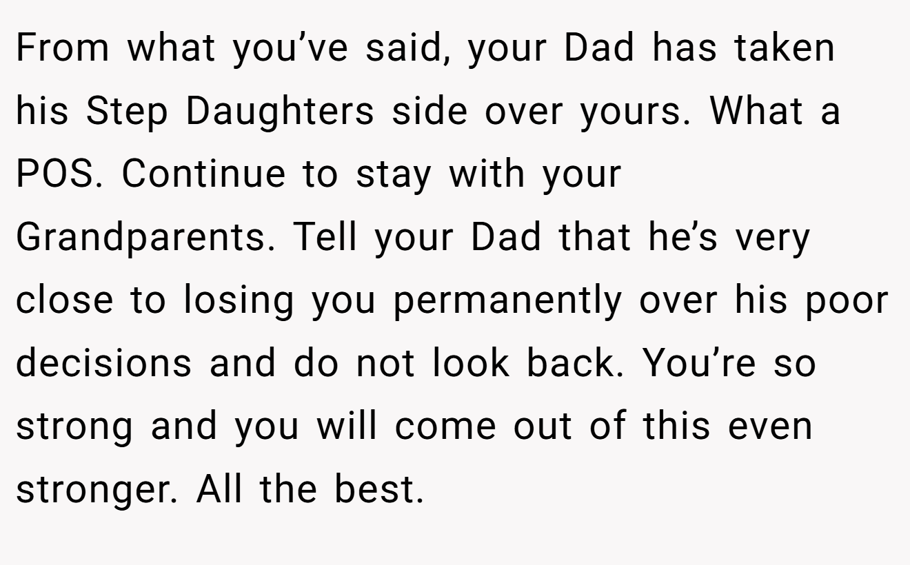 From what you’ve said, your Dad has taken his Step Daughters side over yours. What a POS. Continue to stay with your Grandparents. Tell your Dad that he’s very close to losing you permanently over his poor decisions and do not look back. You’re so strong and you will come out of this even stronger. All the best.