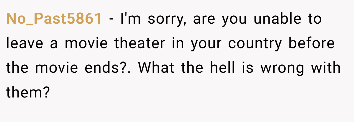 No_Past5861 − I'm sorry, are you unable to leave a movie theater in your country before the movie ends?. What the hell is wrong with them?