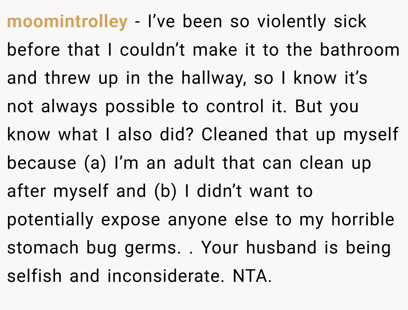 moomintrolley − I’ve been so violently sick before that I couldn’t make it to the bathroom and threw up in the hallway, so I know it’s not always possible to control it. But you know what I also did? Cleaned that up myself because (a) I’m an adult that can clean up after myself and (b) I didn’t want to potentially expose anyone else to my horrible stomach bug germs. . Your husband is being selfish and inconsiderate. NTA.