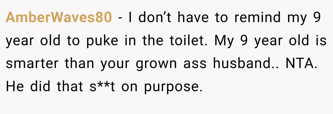 AmberWaves80 − I don’t have to remind my 9 year old to puke in the toilet. My 9 year old is smarter than your grown ass husband.. NTA. He did that s**t on purpose.