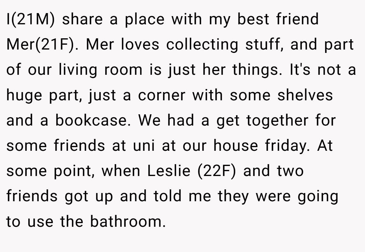 I(21M) share a place with my best friend Mer(21F). Mer loves collecting stuff, and part of our living room is just her things. It's not a huge part, just a corner with some shelves and a bookcase. We had a get together for some friends at uni at our house friday. At some point, when Leslie (22F) and two friends got up and told me they were going to use the bathroom.