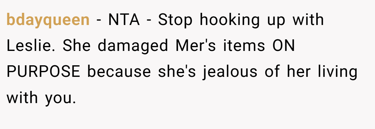 bdayqueen − NTA - Stop hooking up with Leslie. She damaged Mer's items ON PURPOSE because she's jealous of her living with you.