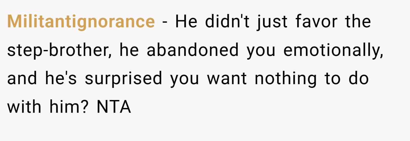 Militantignorance − He didn't just favor the step-brother, he abandoned you emotionally, and he's surprised you want nothing to do with him? NTA