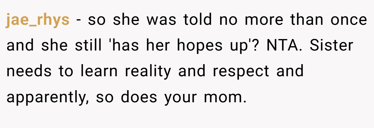 jae_rhys − so she was told no more than once and she still 'has her hopes up'? NTA. Sister needs to learn reality and respect and apparently, so does your mom.