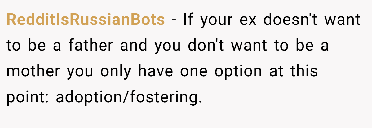 RedditIsRussianBots − If your ex doesn't want to be a father and you don't want to be a mother you only have one option at this point: adoption/fostering.