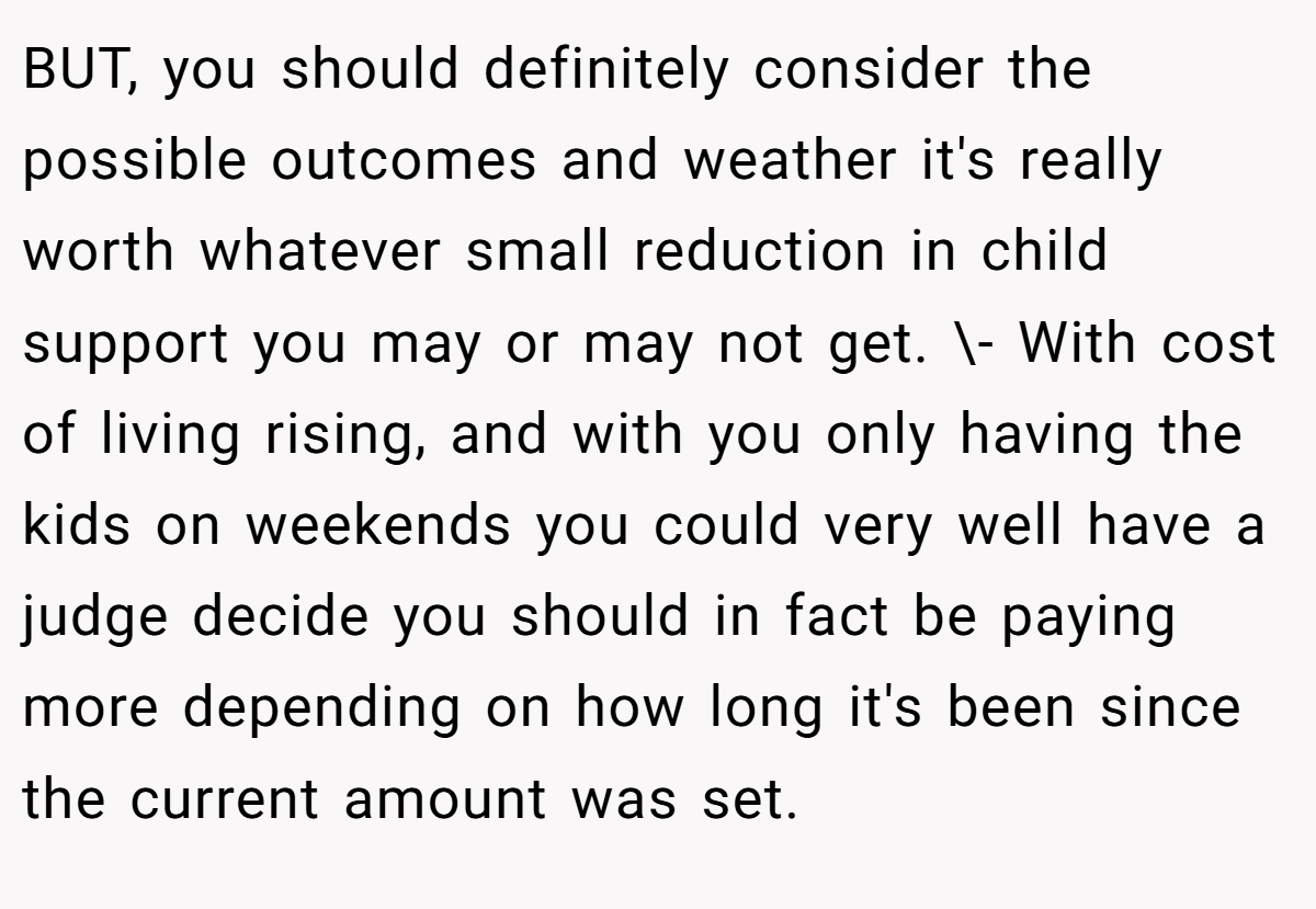 BUT, you should definitely consider the possible outcomes and weather it's really worth whatever small reduction in child support you may or may not get. \- With cost of living rising, and with you only having the kids on weekends you could very well have a judge decide you should in fact be paying more depending on how long it's been since the current amount was set.