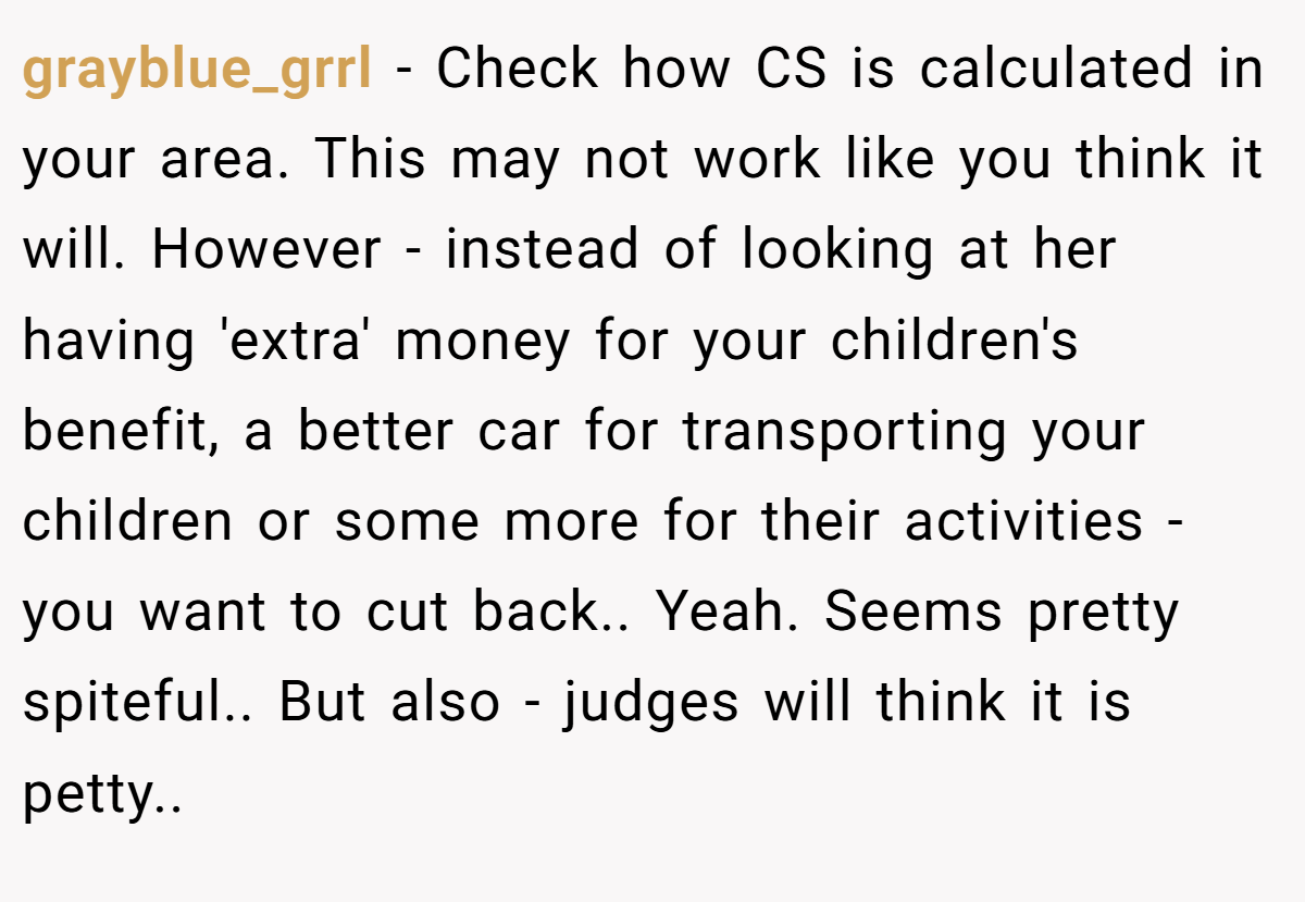 grayblue_grrl − Check how CS is calculated in your area. This may not work like you think it will. However - instead of looking at her having 'extra' money for your children's benefit, a better car for transporting your children or some more for their activities - you want to cut back.. Yeah. Seems pretty spiteful.. But also - judges will think it is petty..